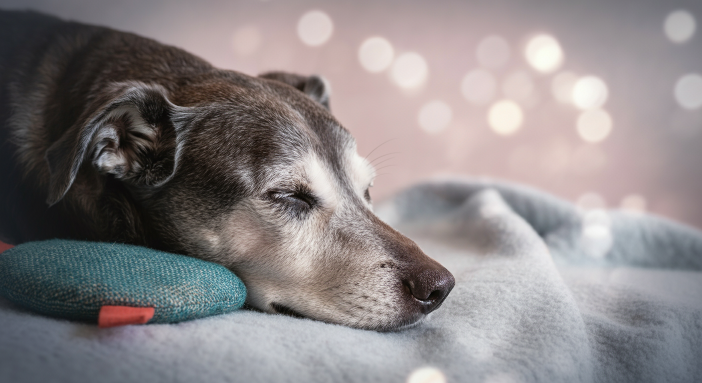 口周りが白くなったシニア犬が、ブランケットの上で気持ちよさそうに眠っている。傍らには布製フリスビーが置かれている。