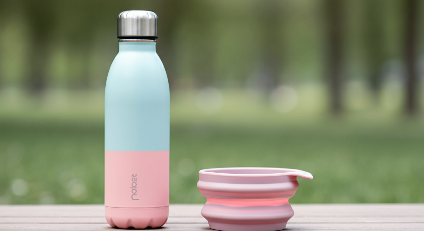 パステルカラーのシリコン製折りたたみボウルの横に、おしゃれなステンレス水筒が置かれている。背景は公園のように緑がぼやけている。