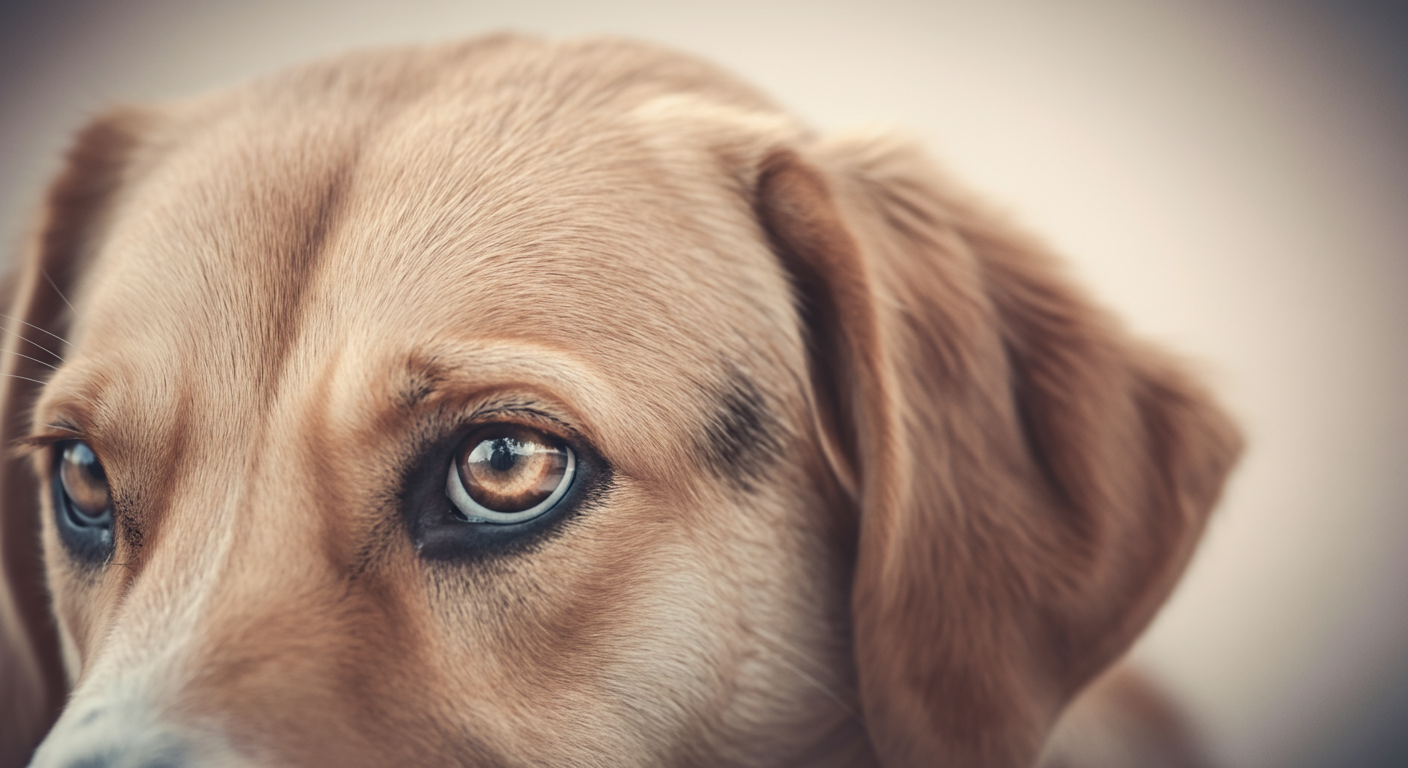 少し伏せられた犬の耳と目の隅を写したマクロ写真。ストレスや不安といった繊細な感情を表現している。