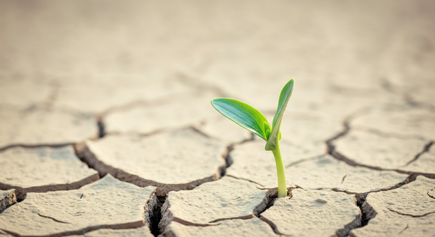 乾いた地面のひび割れから、一本の緑の新芽が力強く伸びている抽象的な写真。