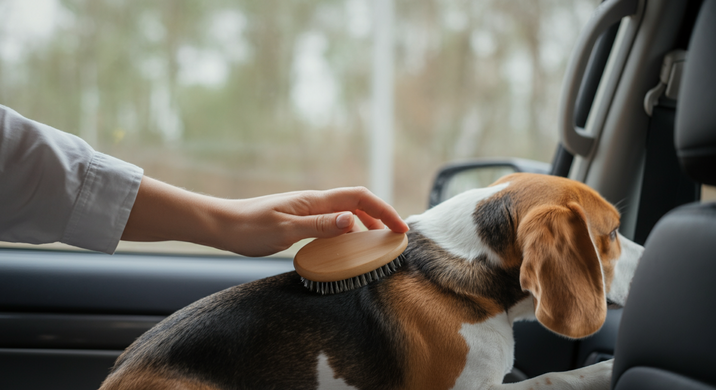 車内でリラックスする犬の背中を、飼い主が優しくブラッシングしている手元の写真