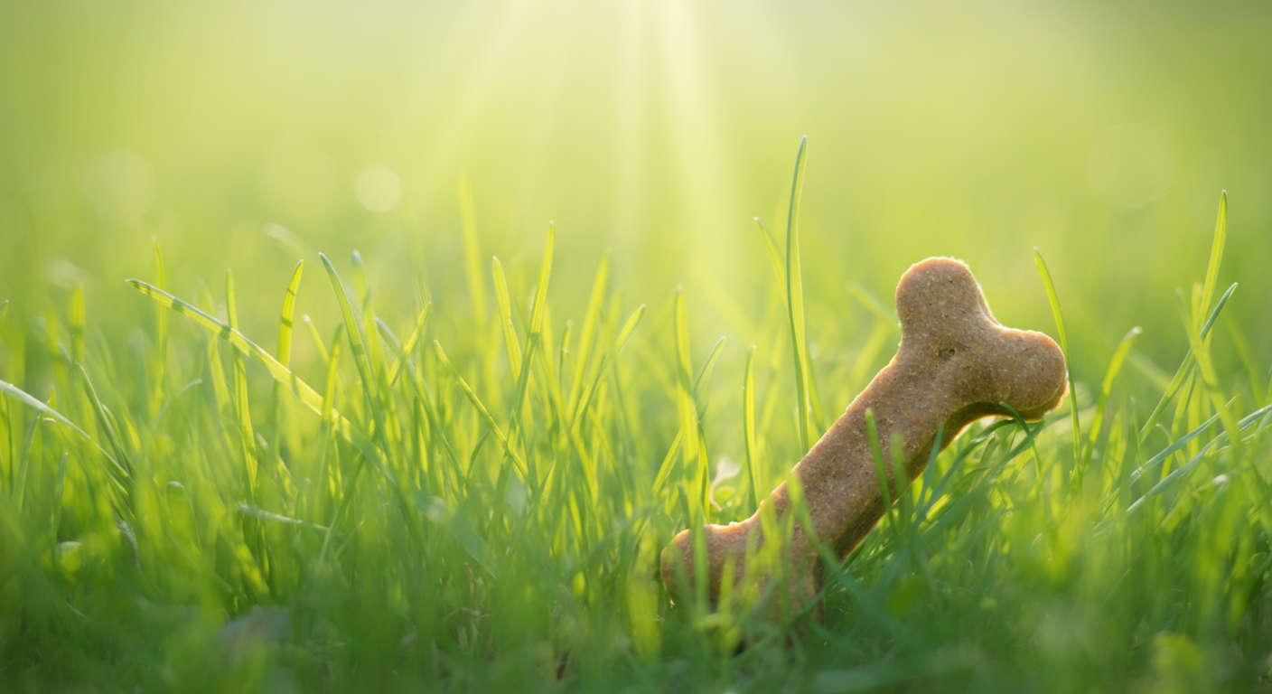 緑の芝生の中に隠された犬用のおやつのクローズアップ写真。