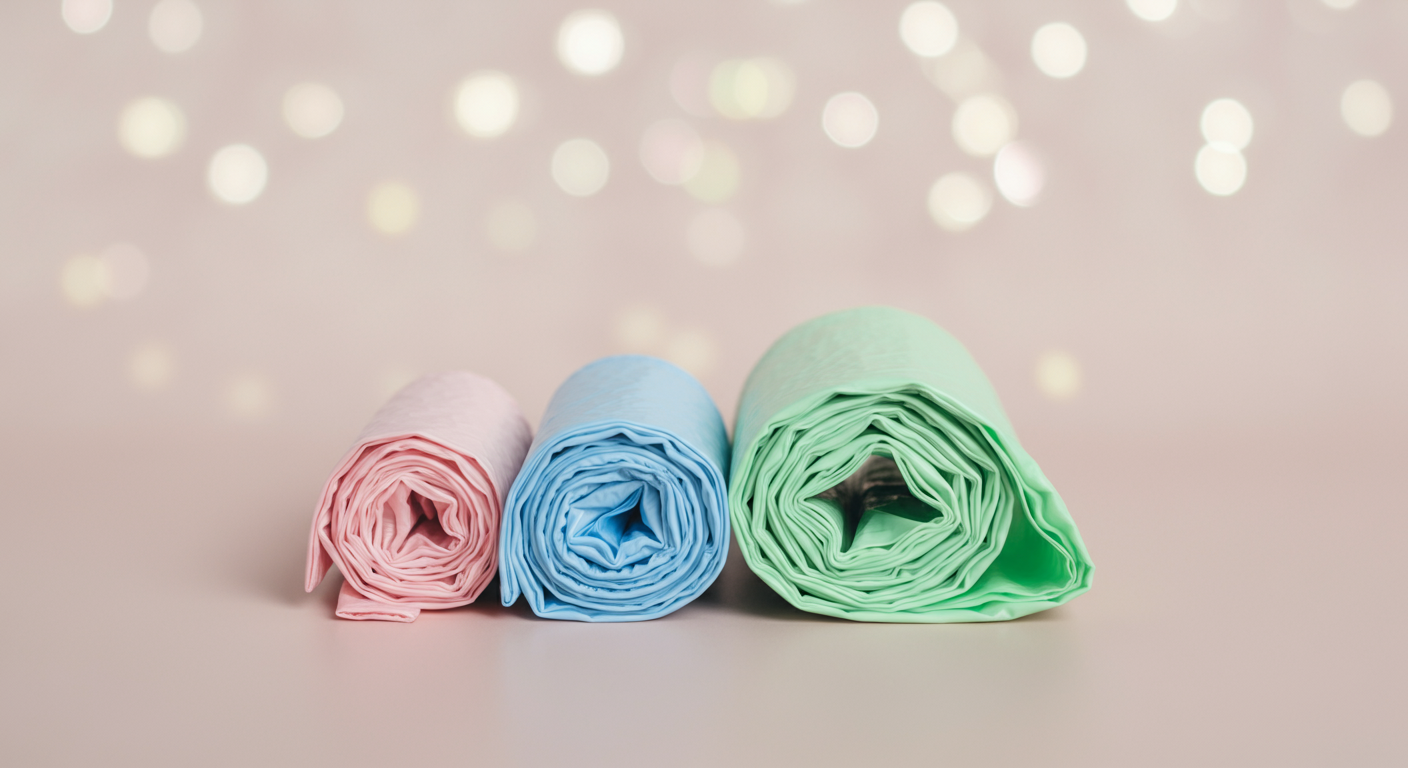 パステルカラーのS・M・Lサイズのうんち袋ロールが、大きさ順に並べられたフラットレイ写真。