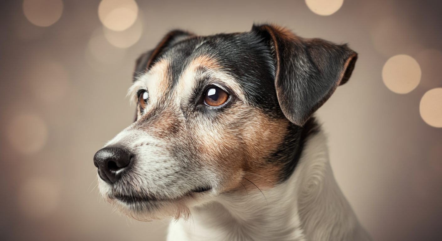 穏やかな表情をしたシニア犬の横顔のクローズアップ。口元の白い毛に優しい光が当たっている。シニア犬の健康をイメージした写真。