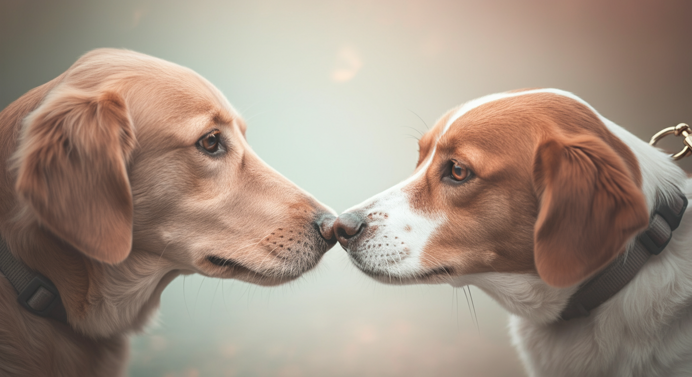 2頭の犬の鼻先が、挨拶のために一瞬だけ近づいている様子の抽象的な写真。