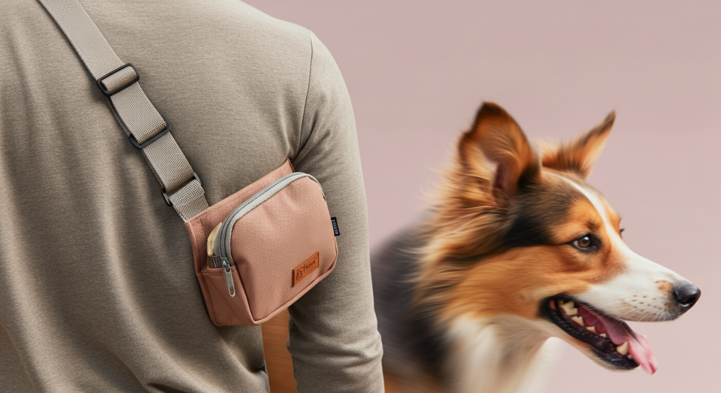 斜めがけのトリーツポーチを付けて歩く人の後ろ姿。隣には楽しそうに歩く犬の姿がぼかして写っている。