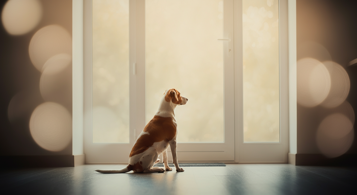 柔らかな光が差し込む玄関のドアを、犬が静かに見つめている後ろ姿の写真。