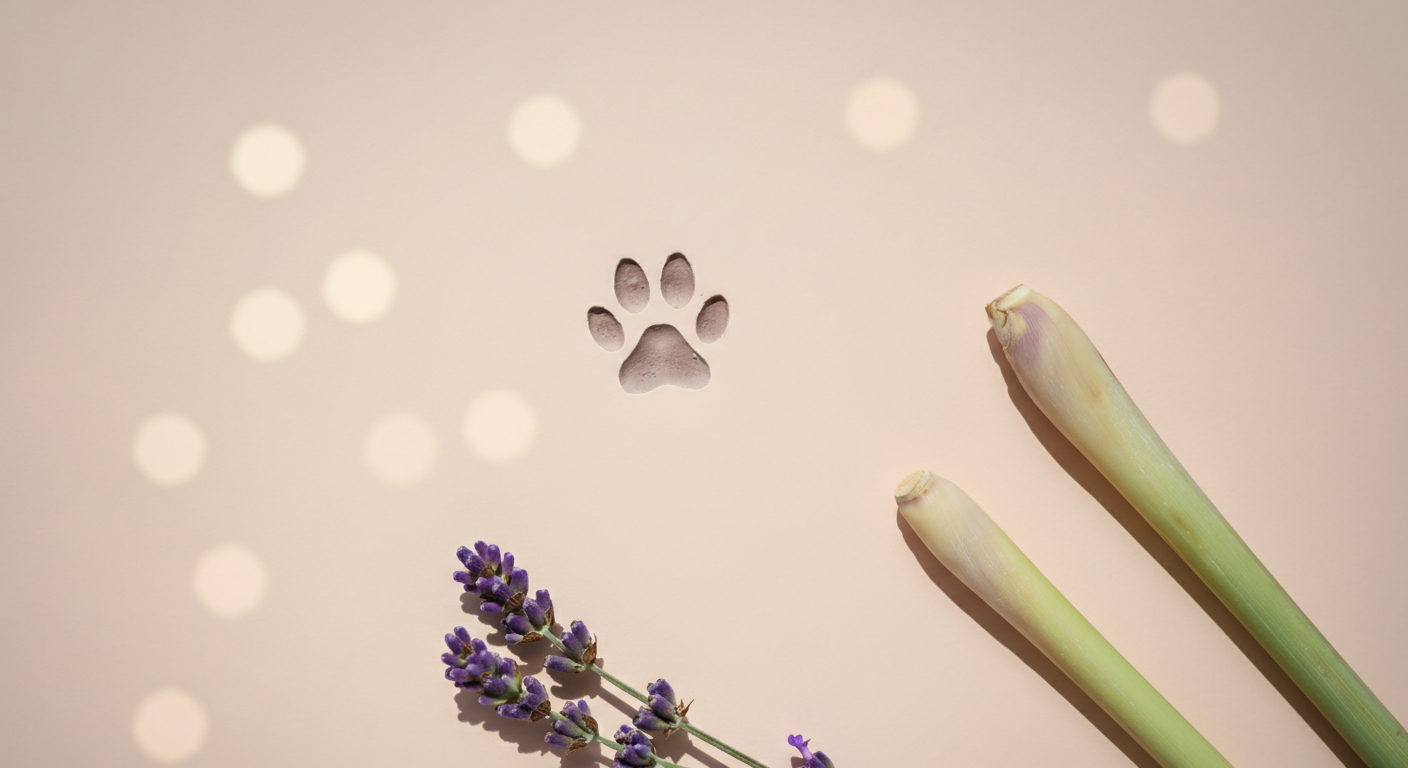 ラベンダーとレモングラスが並べられた、クリーンでミニマルな構成の画像。背景には犬の足跡がうっすらと見える。