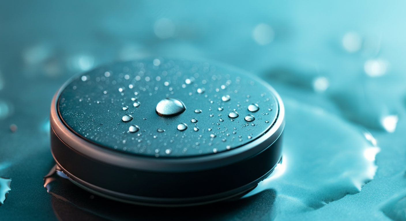 GPSトラッカーの表面で水滴が玉のようになっている、防水性を示すマクロ写真。