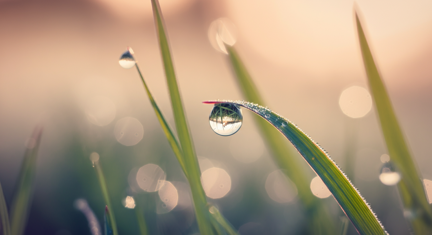 運動後の回復を象徴する、草の葉の上で輝く一粒の露のクローズアップ。