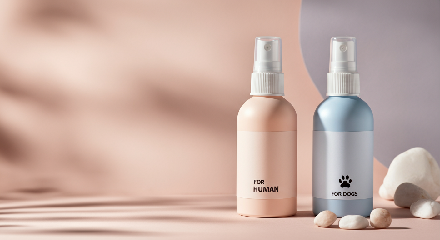モダンでミニマルなデザインの犬用虫除けスプレーボトル。隣には人間用のスプレーがぼかして配置されている。