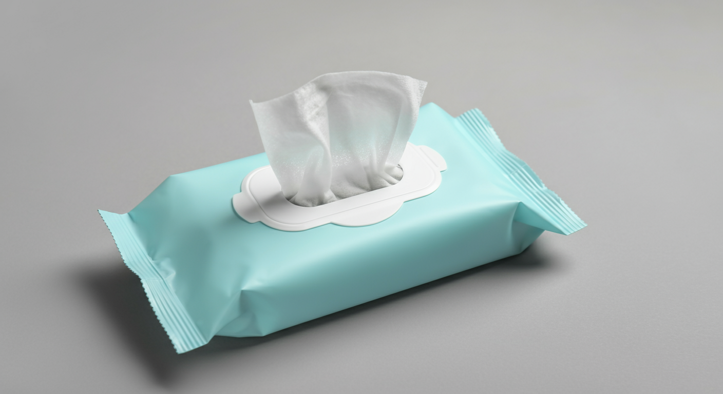 モダンでミニマルなデザインの携帯用ウェットティッシュ。蓋がしっかり閉まり、乾燥しにくいことを示唆している。