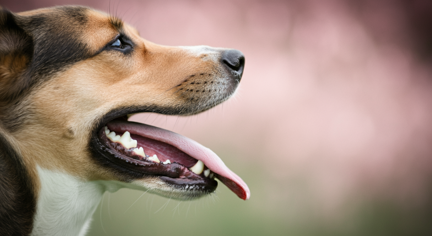 浅い被写界深度で撮影された、ハァハァと息を切らしている犬の舌と口元のマクロ写真。