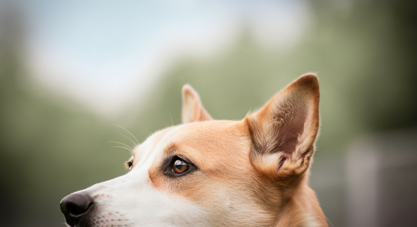 ドッグランのような屋外で、犬が何かに注意を向けている耳のクローズアップ写真。ミニマルで抽象的な構図。