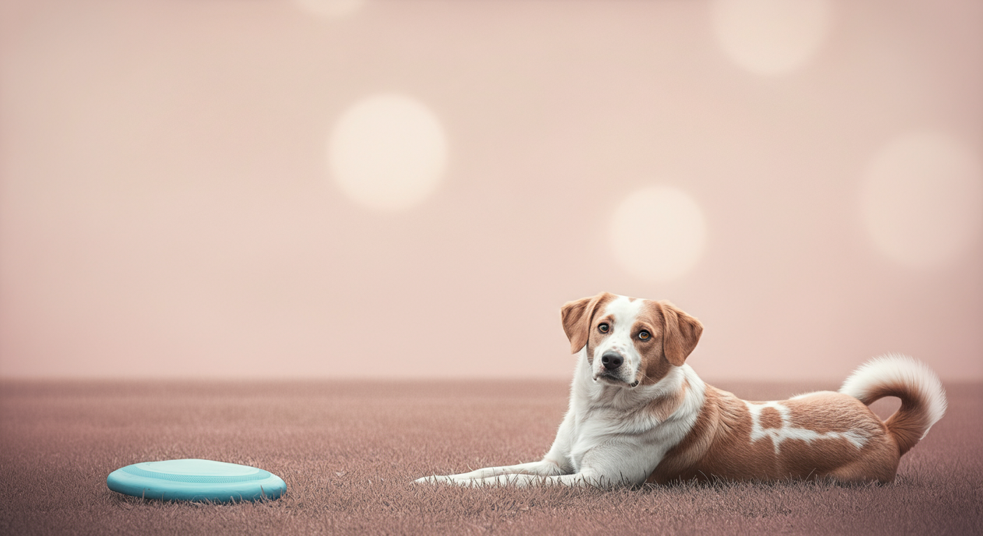 犬から少し離れた地面にフリスビーが落ちており、犬が「どうしたの?」という表情でこちらを振り返っている写真。
