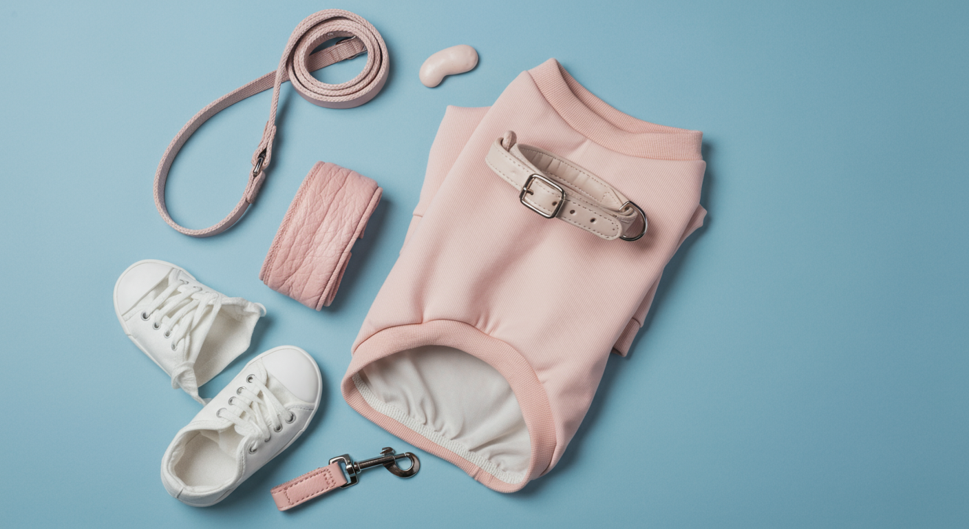 クールウェアと色を合わせた、おしゃれな犬用の首輪とリード。