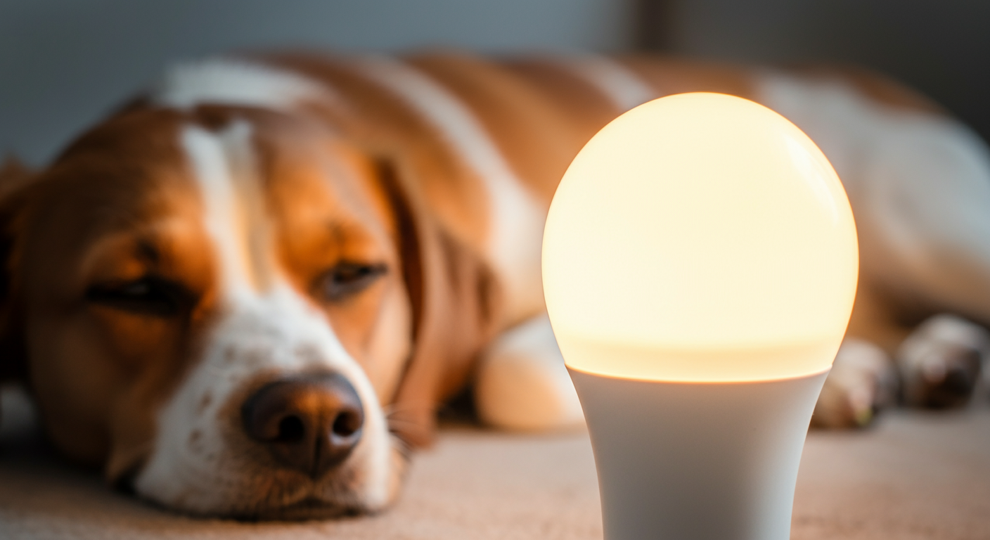 フリッカーフリーの高品質なLED電球と、その光に照らされて眠る犬