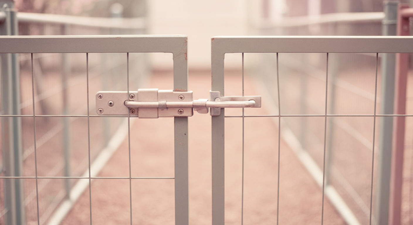 ドッグランの二重扉のラッチに焦点が合った、安全で思慮深い入場を象徴する写真。