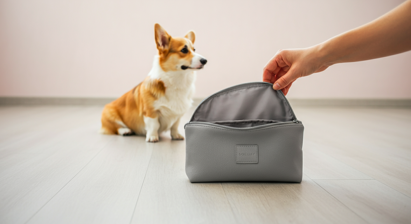 ミニマルなデザインのポーチを片手でスムーズに開けている様子のクローズアップ。背景には犬が座っている。