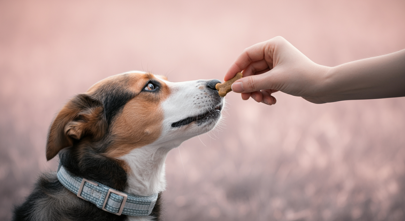 おやつを差し出す飼い主の手と、そのすぐ後ろにさりげなく置かれたクールネック。