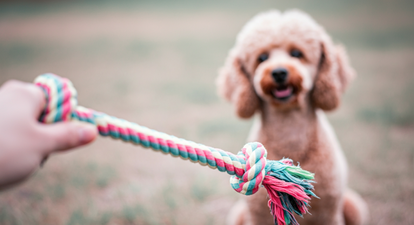人と犬が両端を引いているロープのおもちゃ