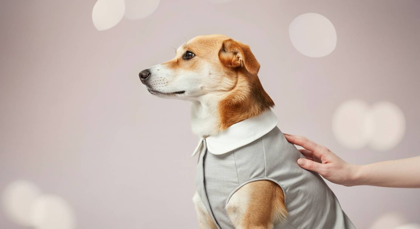 ライトグレーのマナーウェアを着て落ち着いて座っている犬。人の手が優しくその背中を撫でている。