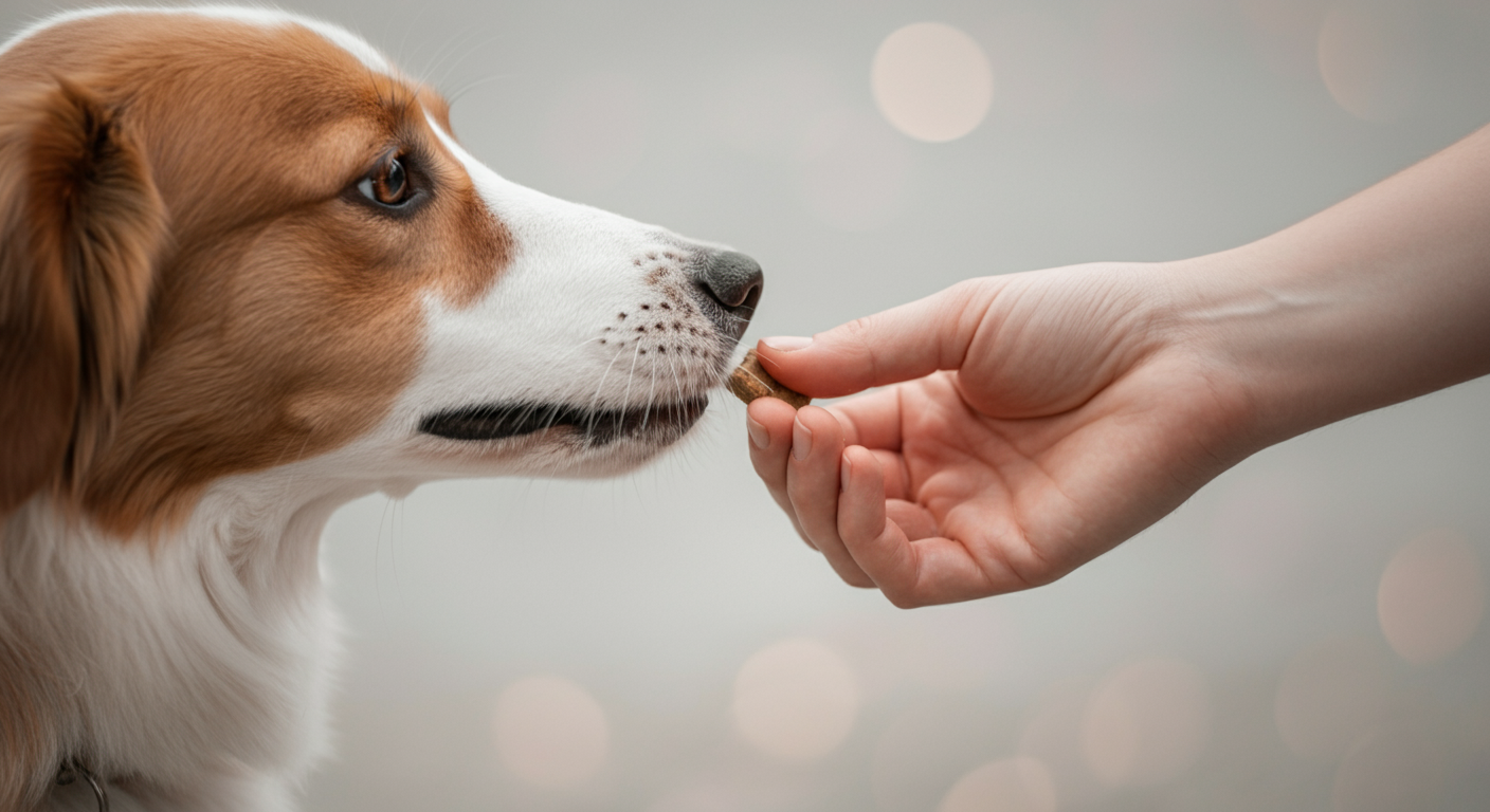 パステルカラーの背景で、飼い主が犬におやつを優しく手渡している様子のクローズアップ写真。