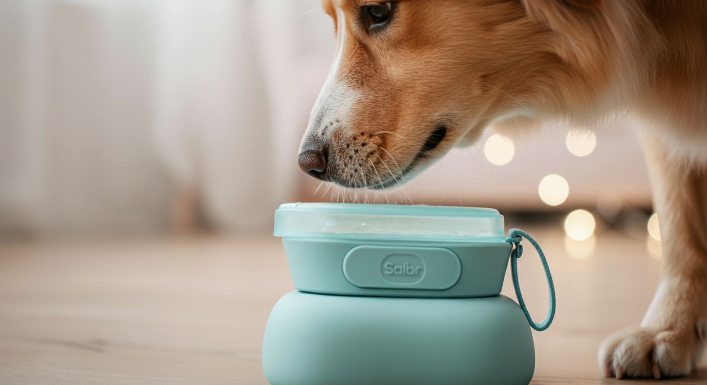 自宅で新しい携帯用ウォーターボウルの匂いを嗅いでいる犬の鼻先のクローズアップ写真。