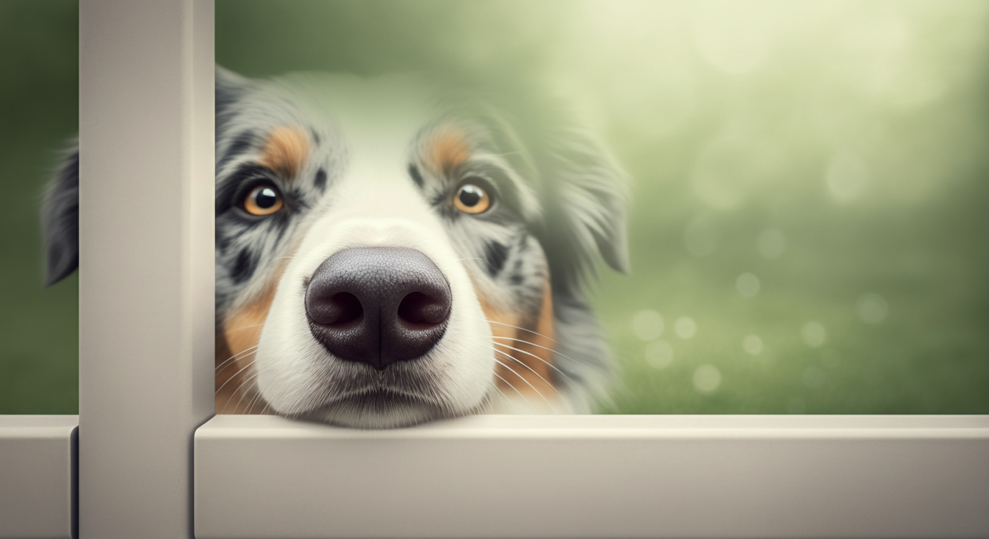 フェンスの向こうのドッグランを眺める中型犬