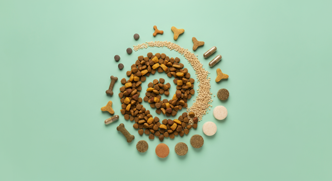 様々な形や色のドッグフードとサプリメントが、パステルカラーの背景に美しく並べられた俯瞰写真。