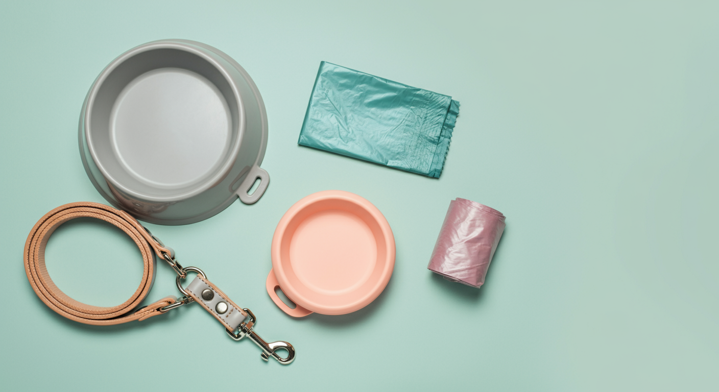 パステルカラーのミニマルな写真。お洒落なリード、折り畳み式の水入れ、うんち袋が綺麗に並べられた俯瞰ショット。