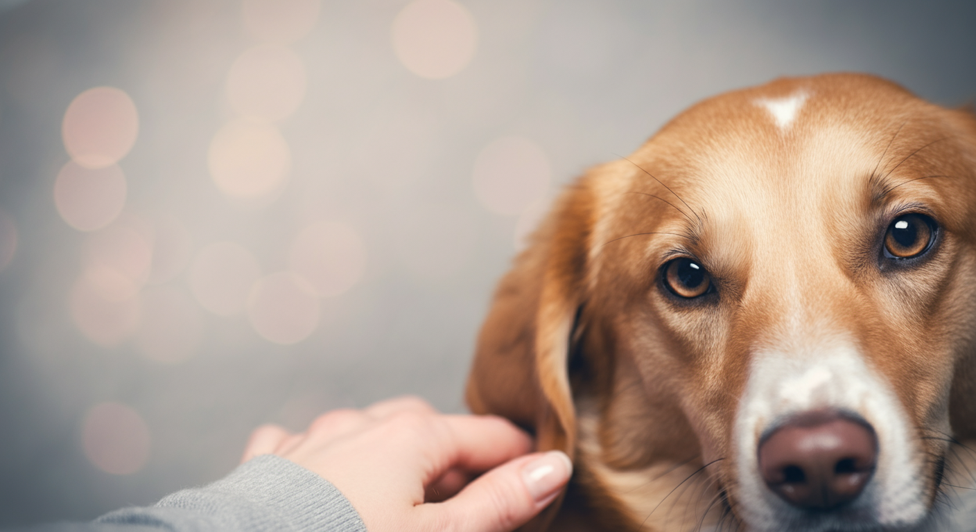 犬の背中を優しく撫でている飼い主の手のクローズアップ。