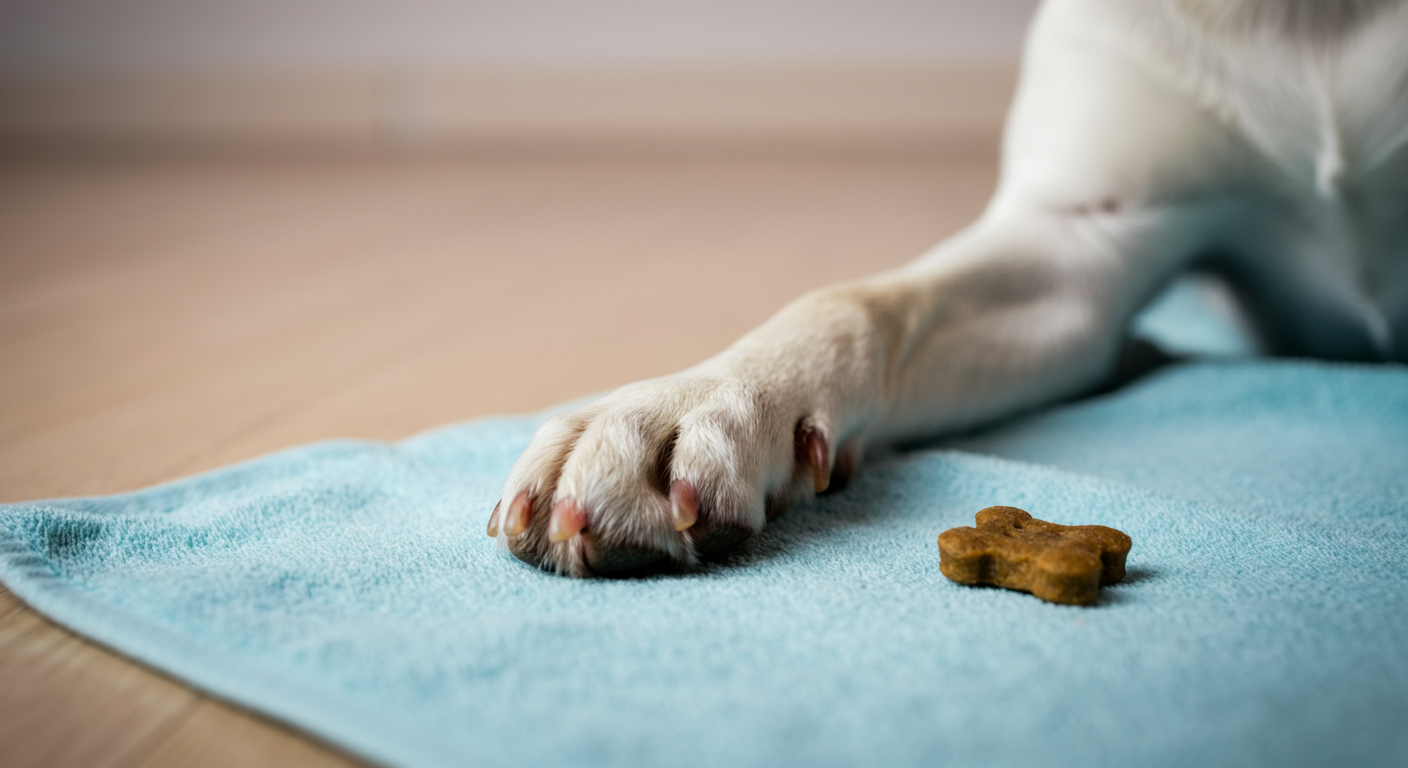 床に広げたタオルの上に置かれた犬の足と、その横にあるおやつ