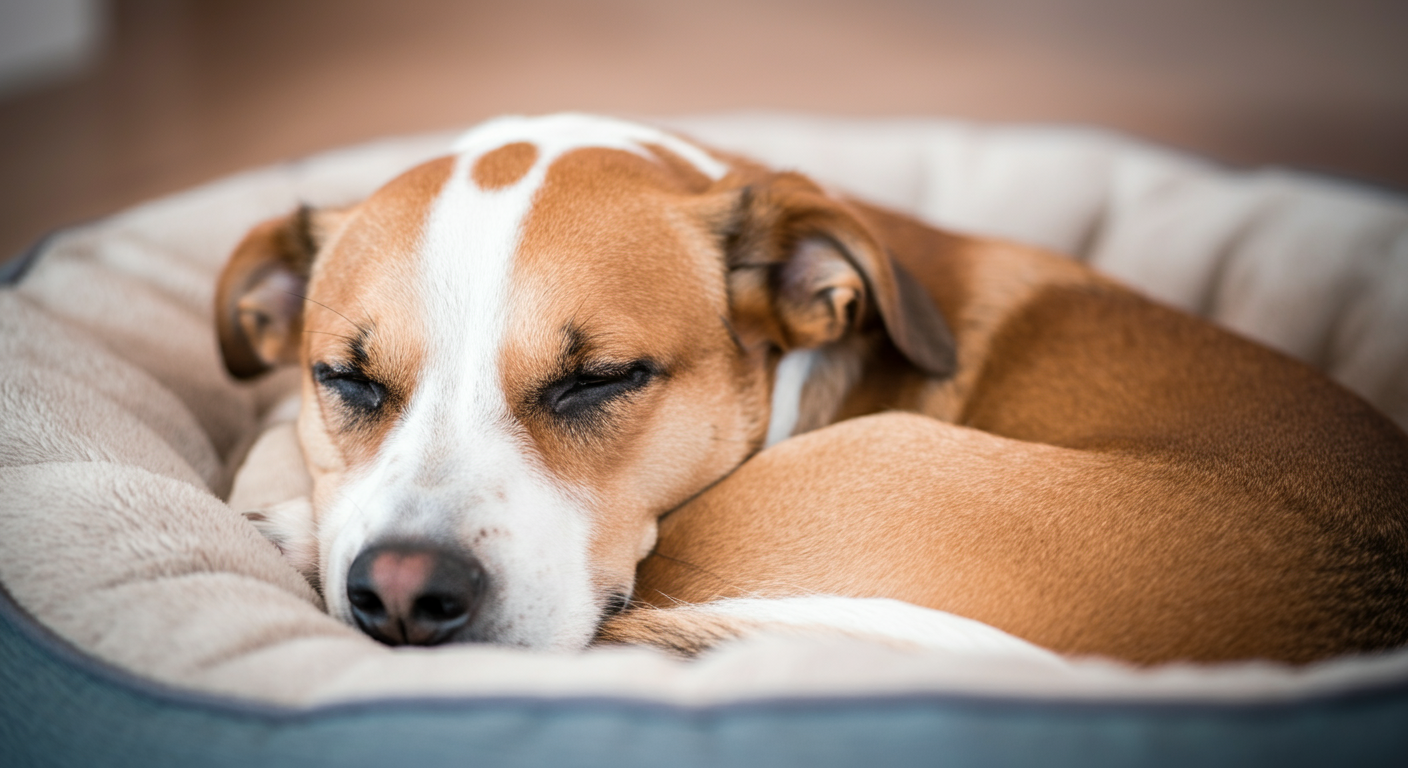 自分のベッドで丸くなって気持ちよさそうに眠っている犬の顔