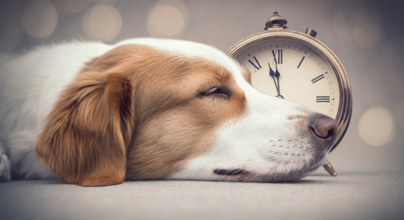 時計の横で穏やかに眠る中型犬