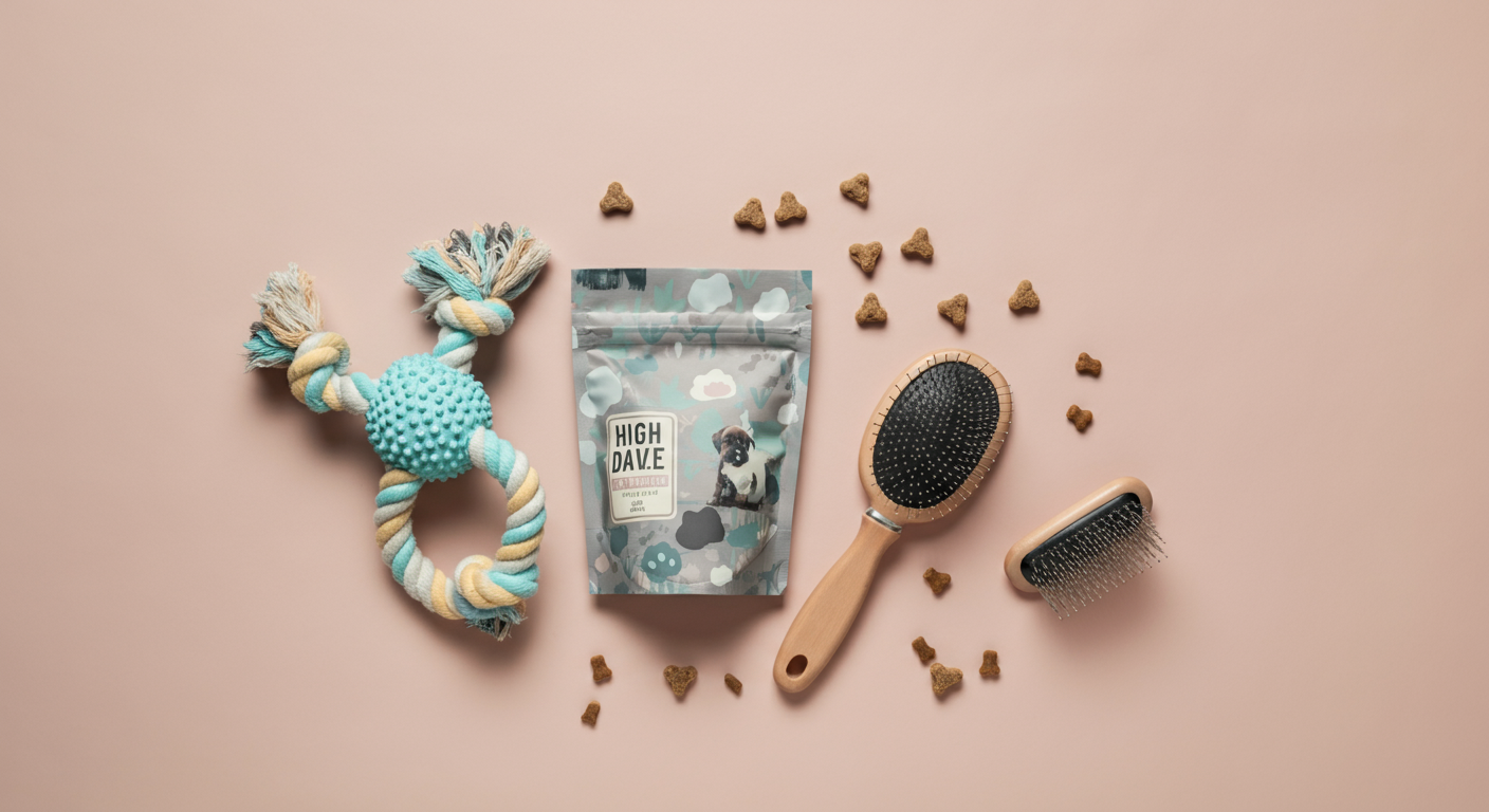 子犬用のおもちゃ、おやつポーチ、グルーミングブラシが並んだ、ミニマルな構成の写真。