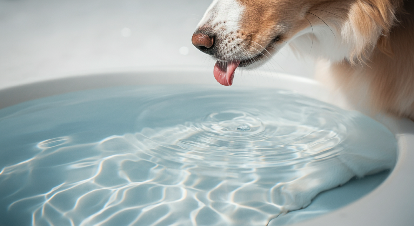 パステルカラーの背景に、綺麗な水が入ったボウル。犬が水を飲んでいる様子を捉えた、涼しげな写真。