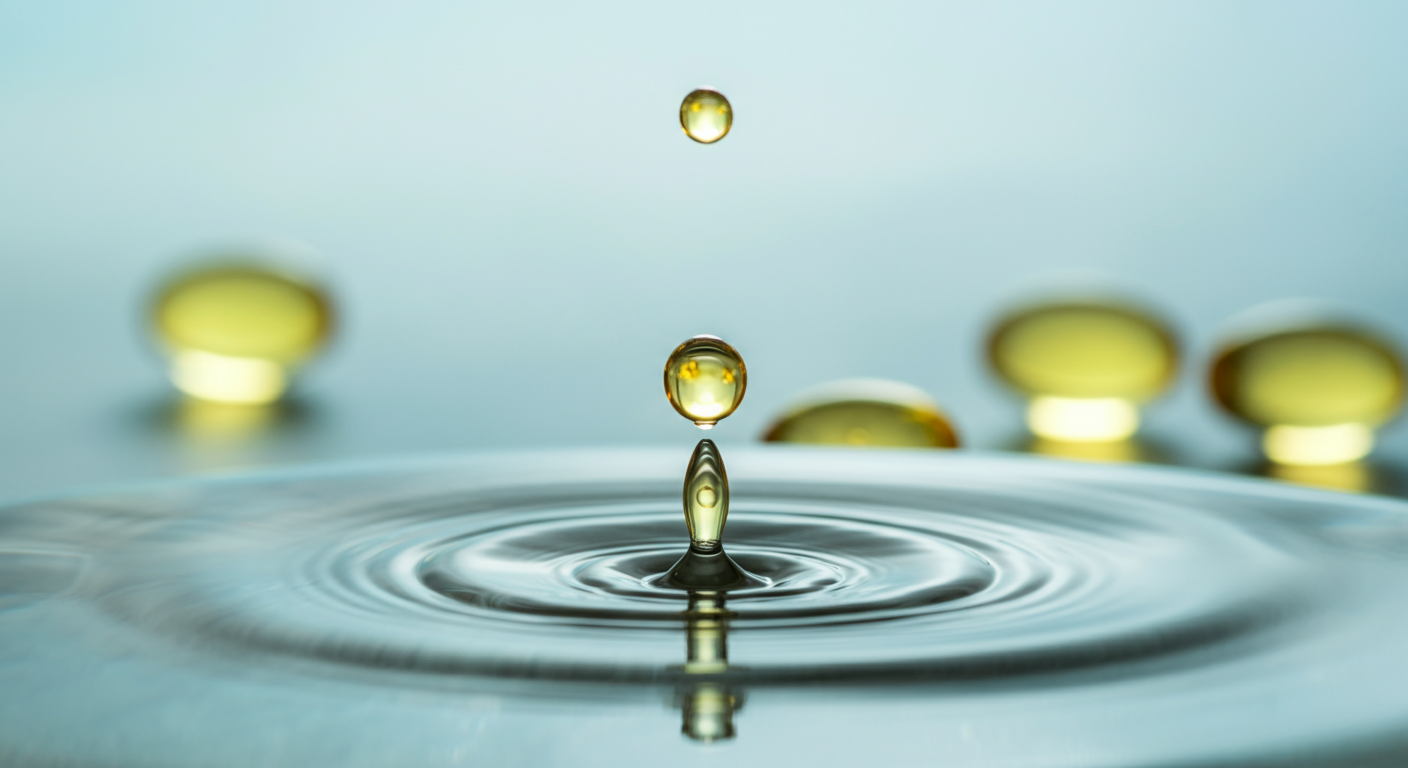 きれいな水の中に落ちる一滴の金色のフィッシュオイルのマクロ写真。