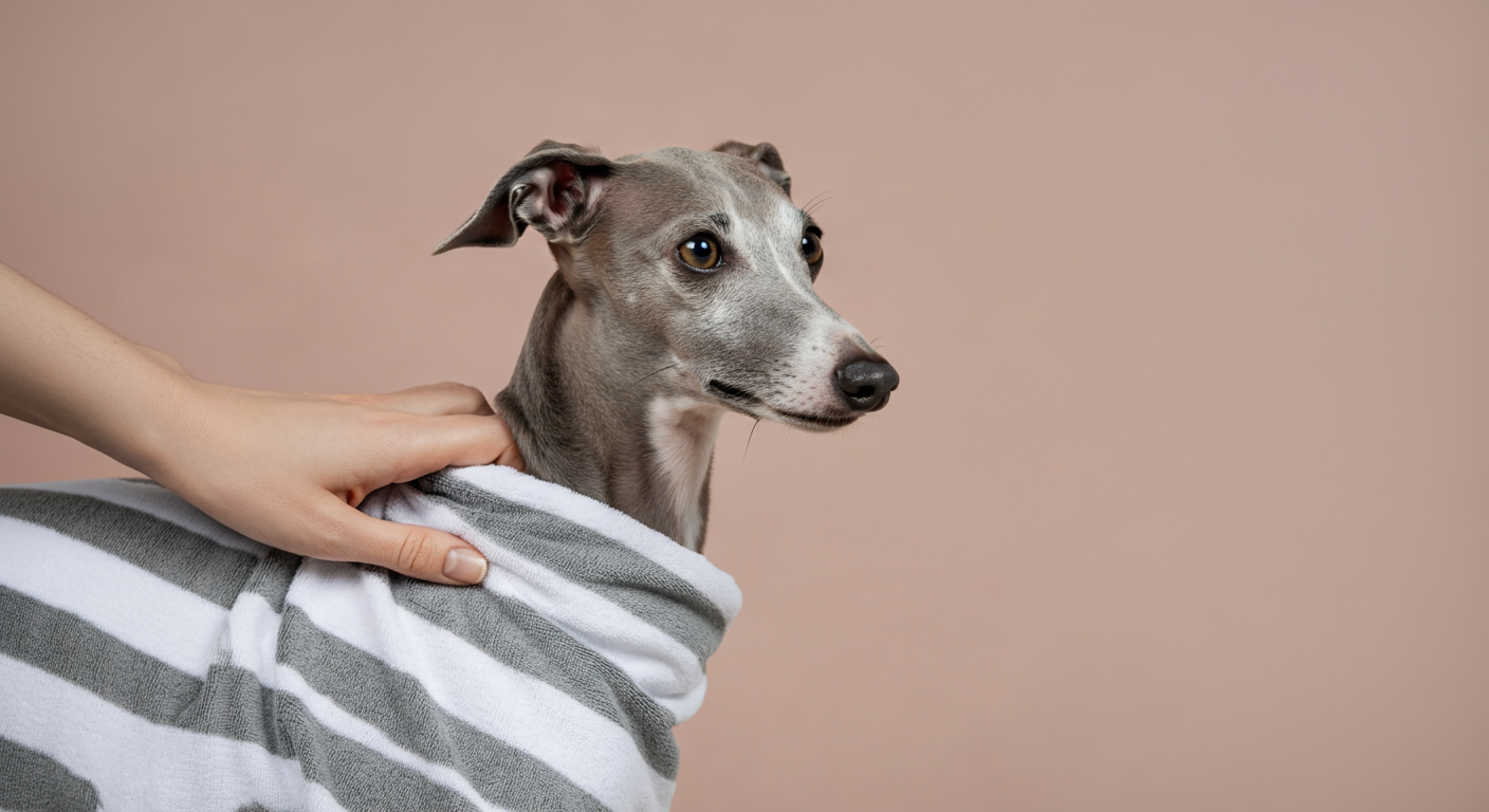 上品なストライプ柄の犬用タオルの高品質な質感を確かめている人の手。