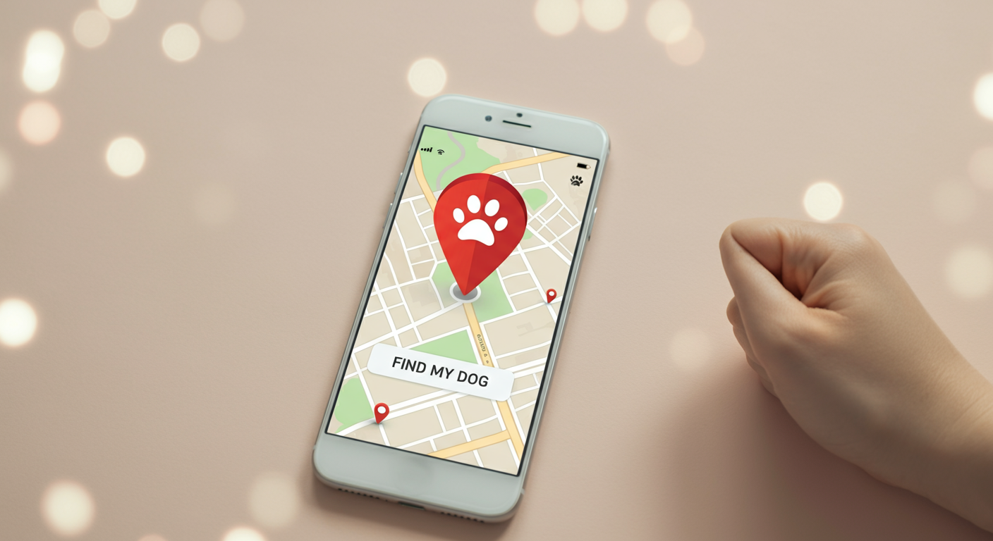 「愛犬を探す」と書かれた大きなボタンが一つだけ表示された、シンプルなスマートフォンのアプリ画面。