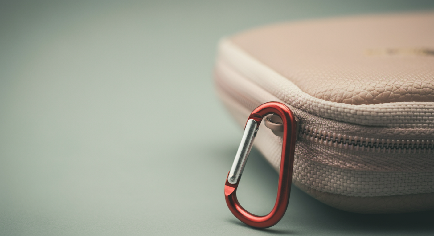 機能的なカラビナがついた、おしゃれなマナーポーチのディテールを写したマクロ写真