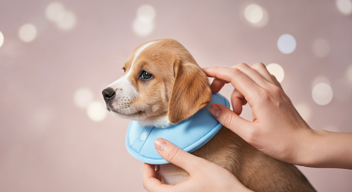 飼い主が、クールネックをつけた子犬の首元に優しく触れ、様子を確認している心温まる写真。