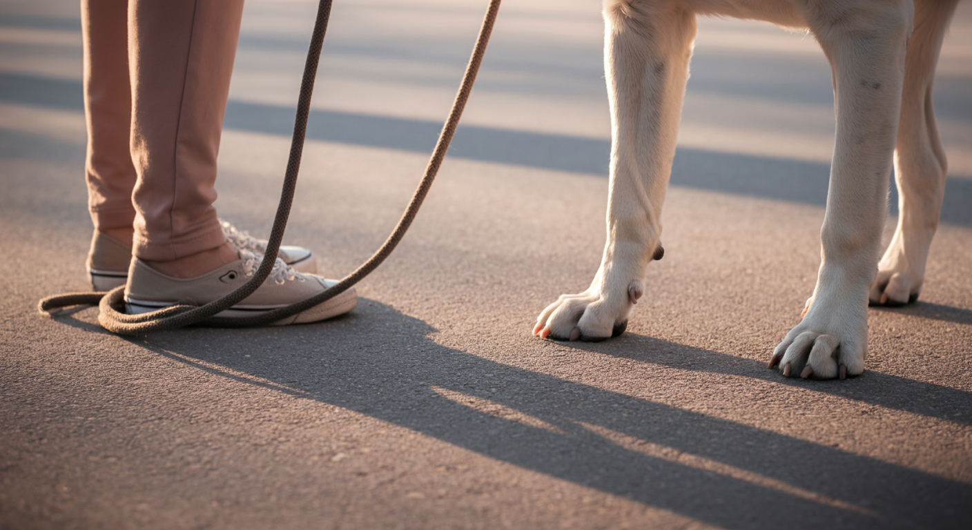 舗装路に落ちた犬用リードの短い影と、その隣にある犬の足元を捉えた芸術的な写真。