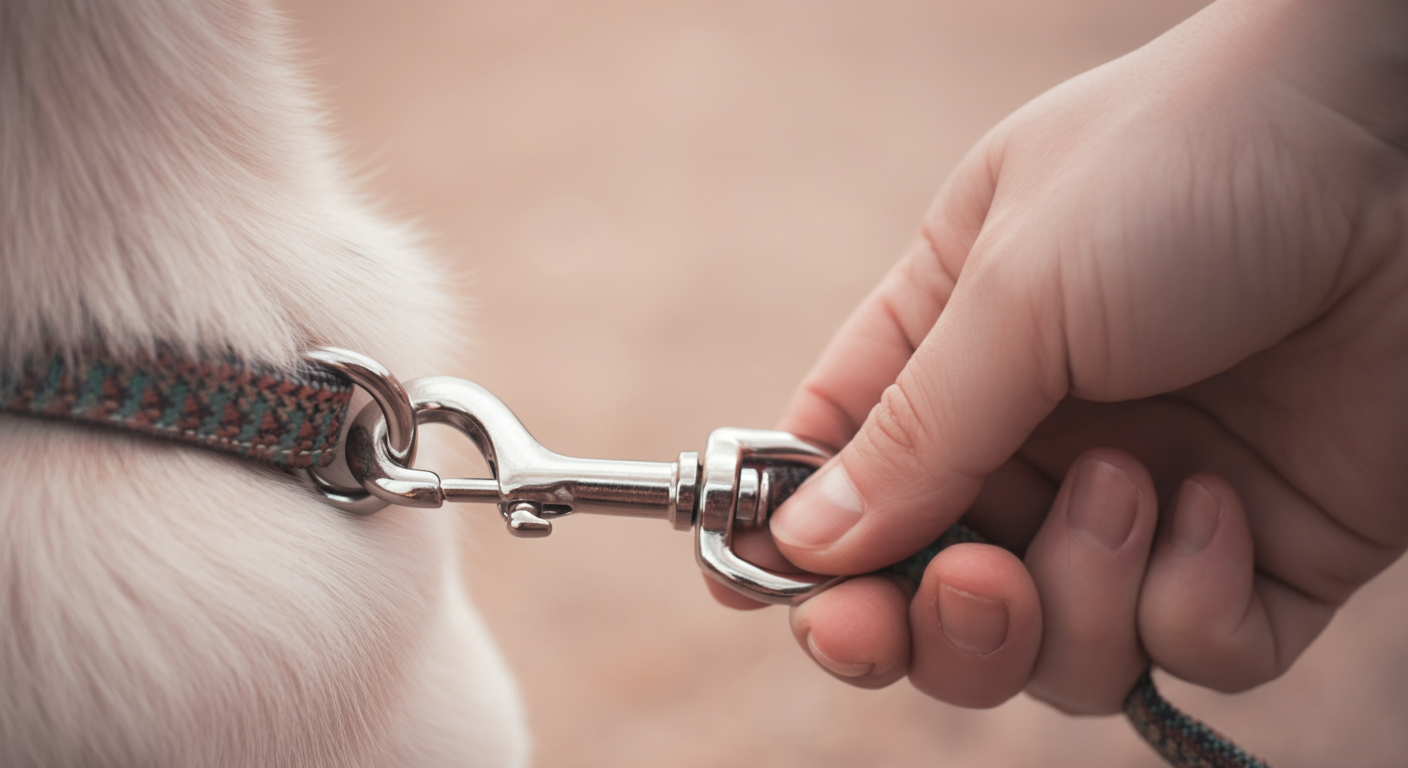 飼い主の手が、一匹の犬の首輪からリードの金具を外している瞬間のクローズアップ。