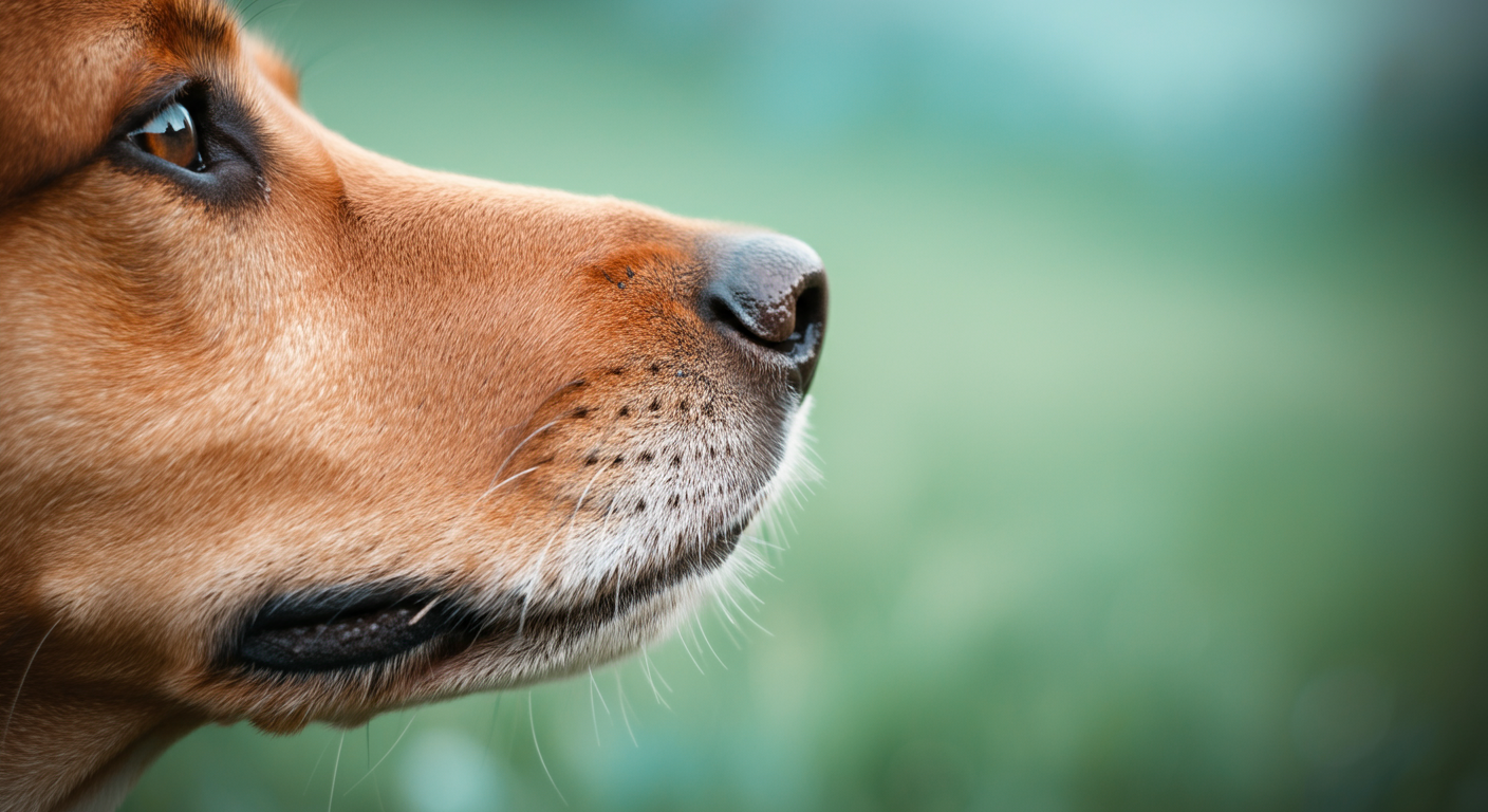 屋外で空中の匂いを嗅いでいる一匹の犬の鼻のクローズアップ。