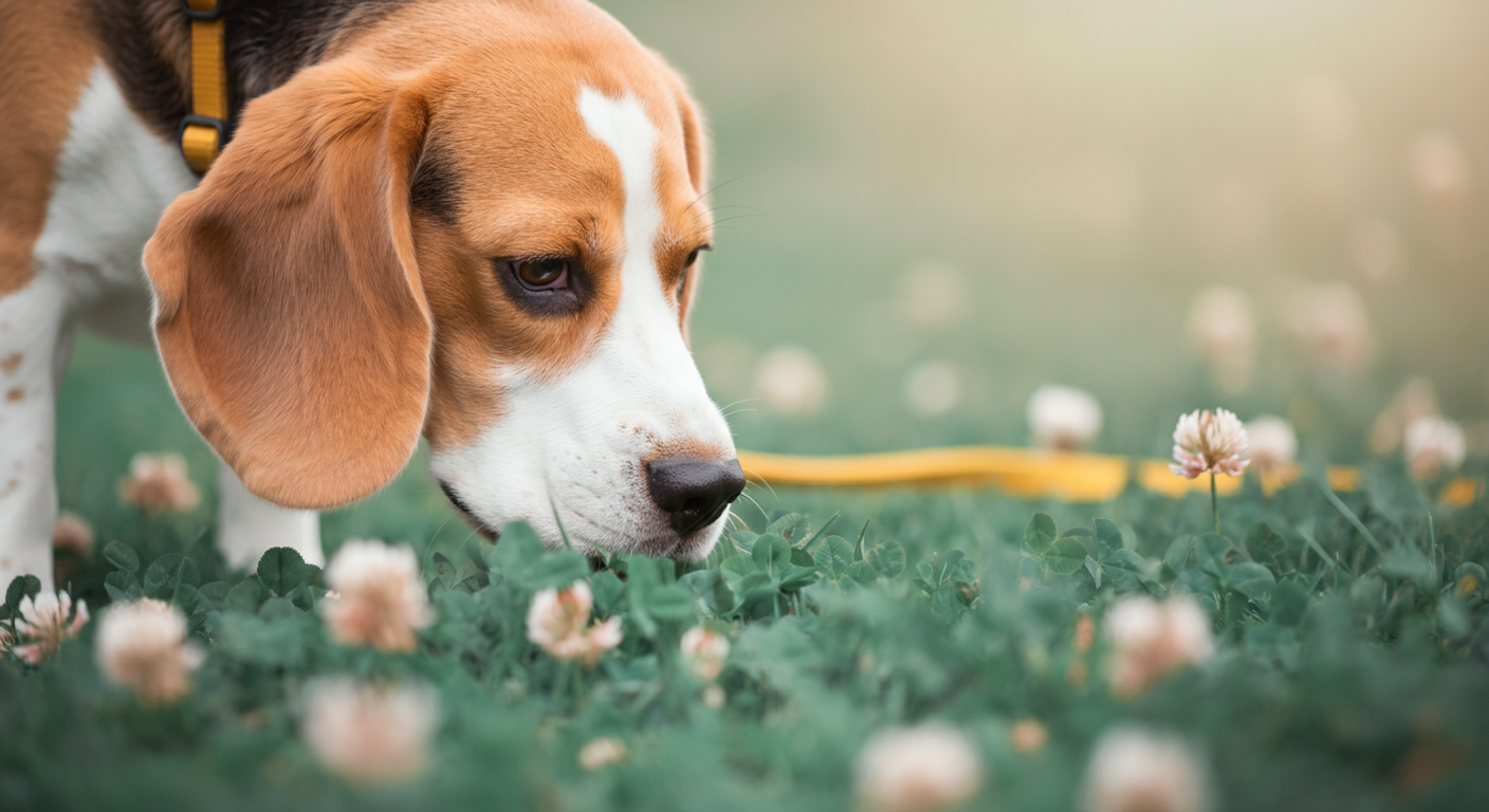 クローバーの茂みの匂いを熱心に嗅ぐビーグルの鼻先のクローズアップ。ぼやけた前景に、柔らかい黄色のロングリードが見える。