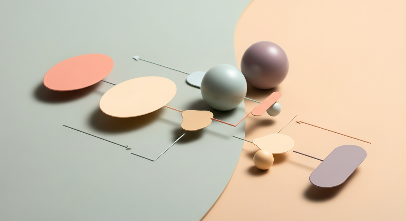 パステルカラーの図形と線で構成されたフローチャートの抽象的なイメージ。最適な製品を選ぶプロセスを象徴している。