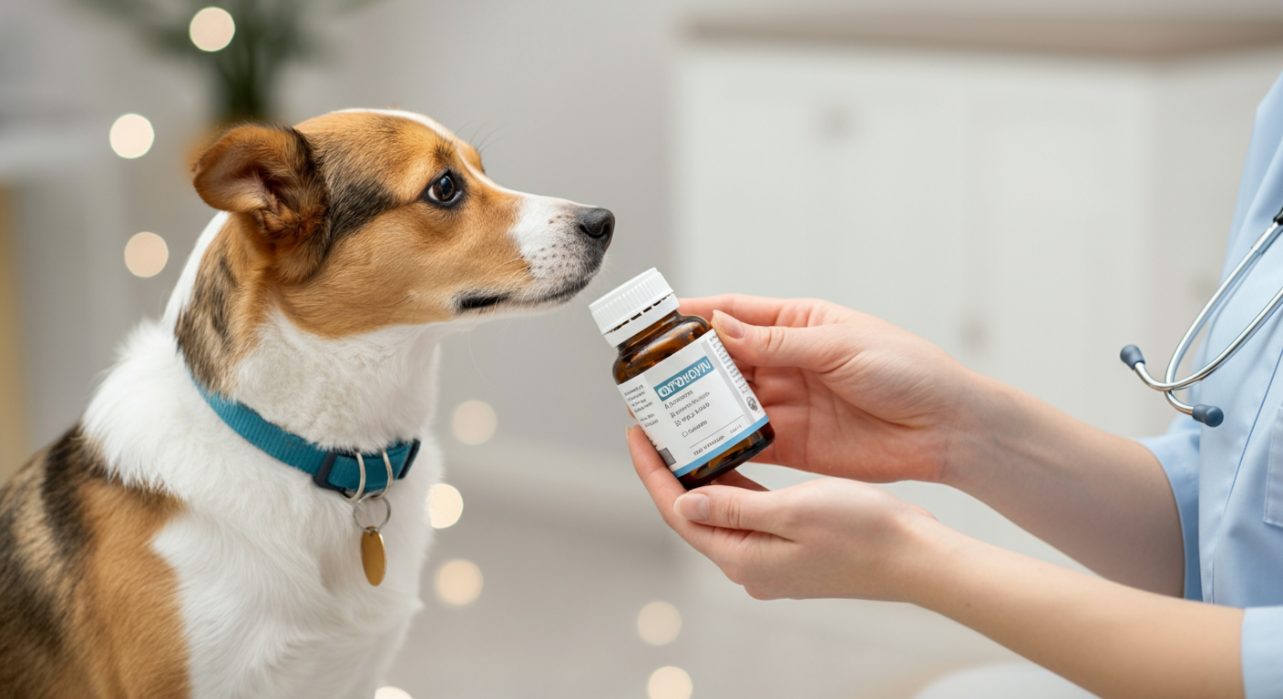 獣医師が飼い主にサプリメントのボトルを見せながら説明している手元の様子。