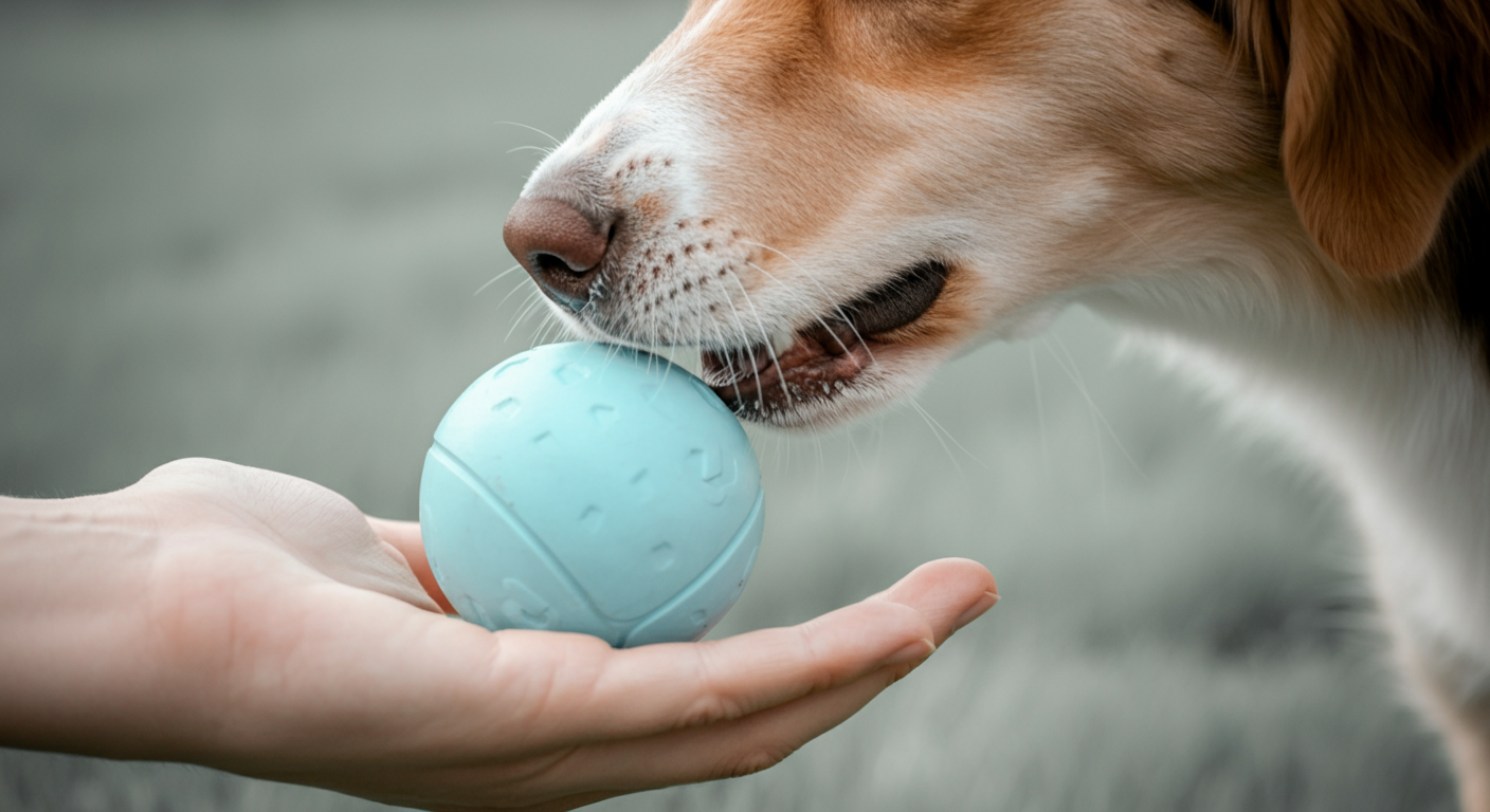 人の手に持たれた水色のボールの匂いを嗅ぐ犬の鼻先のクローズアップ。