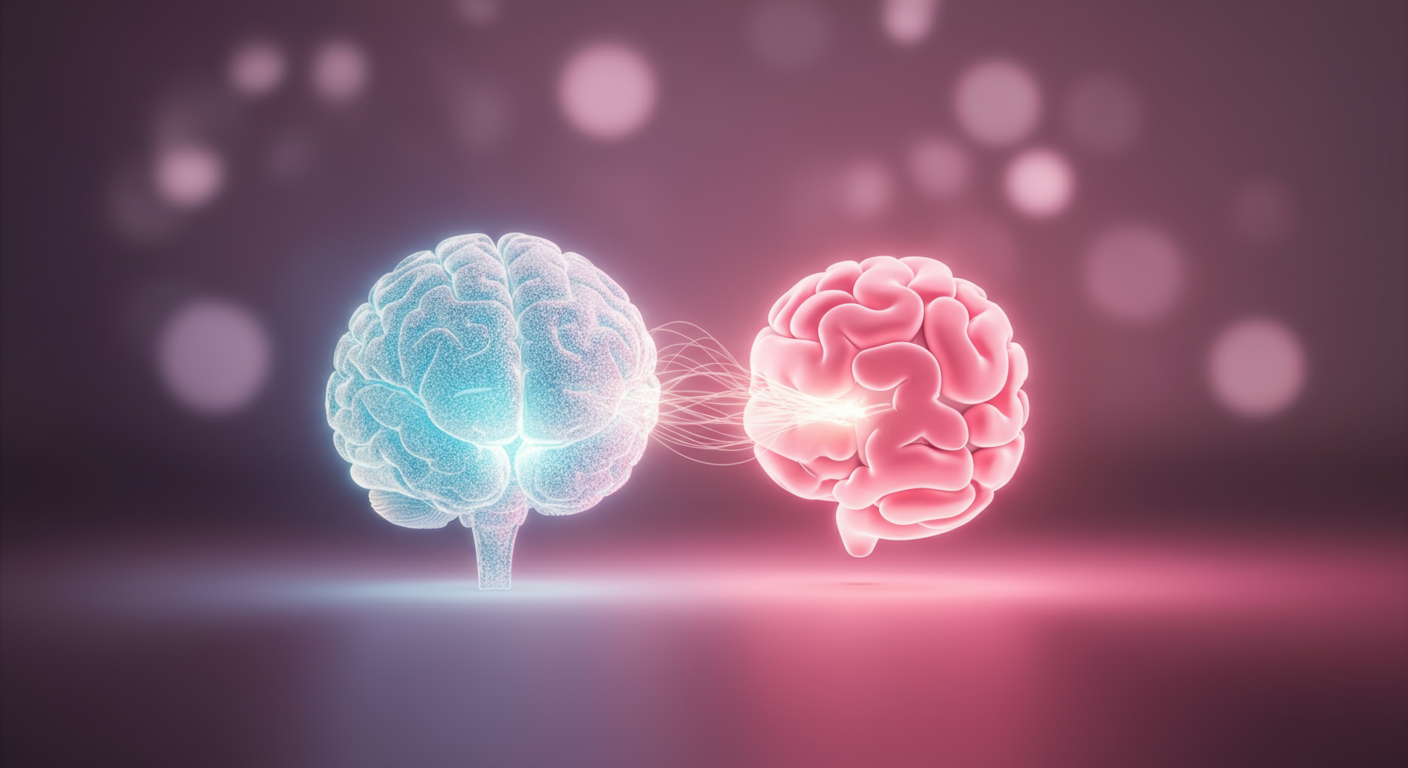 脳と腸をイメージした二つの光の球が、光の糸で結ばれている抽象的な画像
